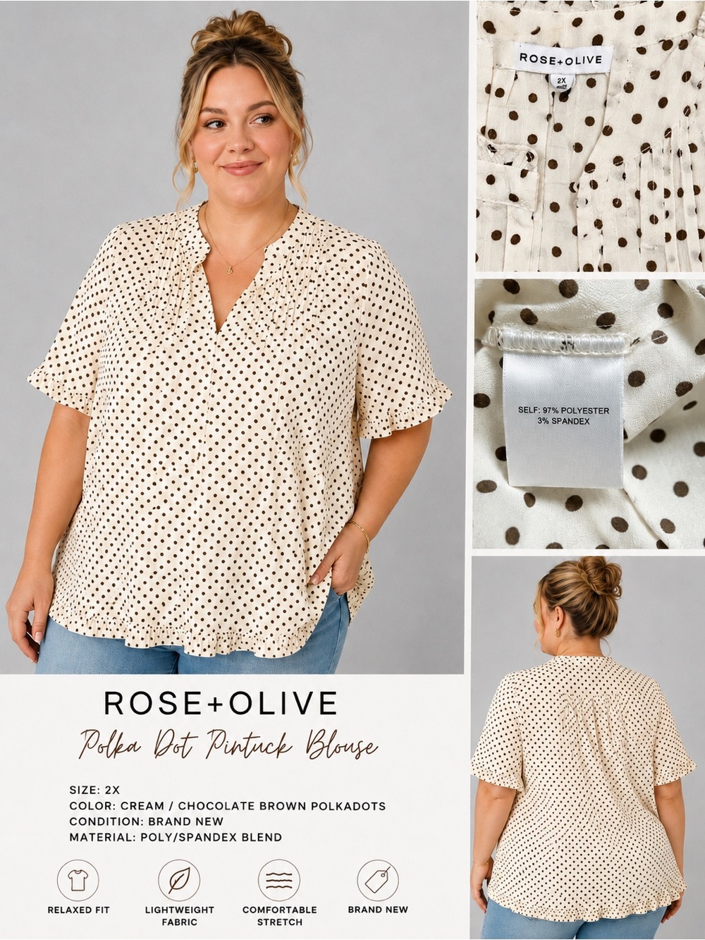 Rose + Olive Polka Dot Pintuck Ruffle Blouse Cream Brown Plus Size 2X NWT
